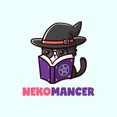 CUTE LITTLE BLACK CAT WEARING WITCH HAT AND READING MAGIC BOOK