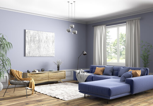 Fototapeta Interior design of modern scandinavian apartment, living room 3d rendering