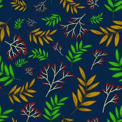 Fototapeta na wymiar seamless pattern with leaves and berries of rowan