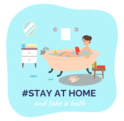 Young girl takes bath and surfs Internet using red smartphone. Relaxation in bathtube, staying at home, browsing web. Body hygiene, health. Domestic spa, relaxation. Flat color vector illustration.