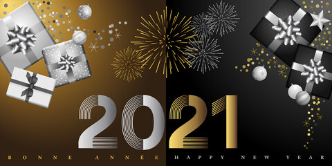 2021 - carte de vœux or, argent et noire décorée de feux d’artifices de boules de Noël et de cadeaux  - texte français et anglais - traduction : bonne année.
