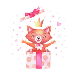 Watercolor character fox girl in crown fun jumping out of a gift box. Cartoon animals for holiday decoration.