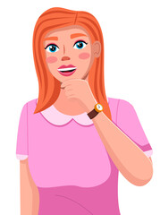 Portrait of a young woman with red long hair wearing pink dress. Cute smiling girl isolated on white background flat style. Pretty positive female character, student or businesswoman, beauty blogger