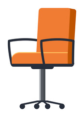 Office ergonomic orange chair flat design. Icon comfortable fashionable chair on wheels isolated on white background. Furniture item for office interior boss cabinet. Object for sit with armrests