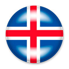 Obraz premium Flag of Iceland in the form of a round button with a light glare and a shadow.