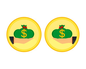 Hand with a bag of money on the background of gold coin. Vector illustration. 