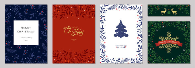 Obraz na płótnie Canvas Merry Christmas and Happy Holidays cards with New Year tree, reindeers, snowflakes, floral frames and backgrounds design. Modern universal artistic templates. Vector illustration.