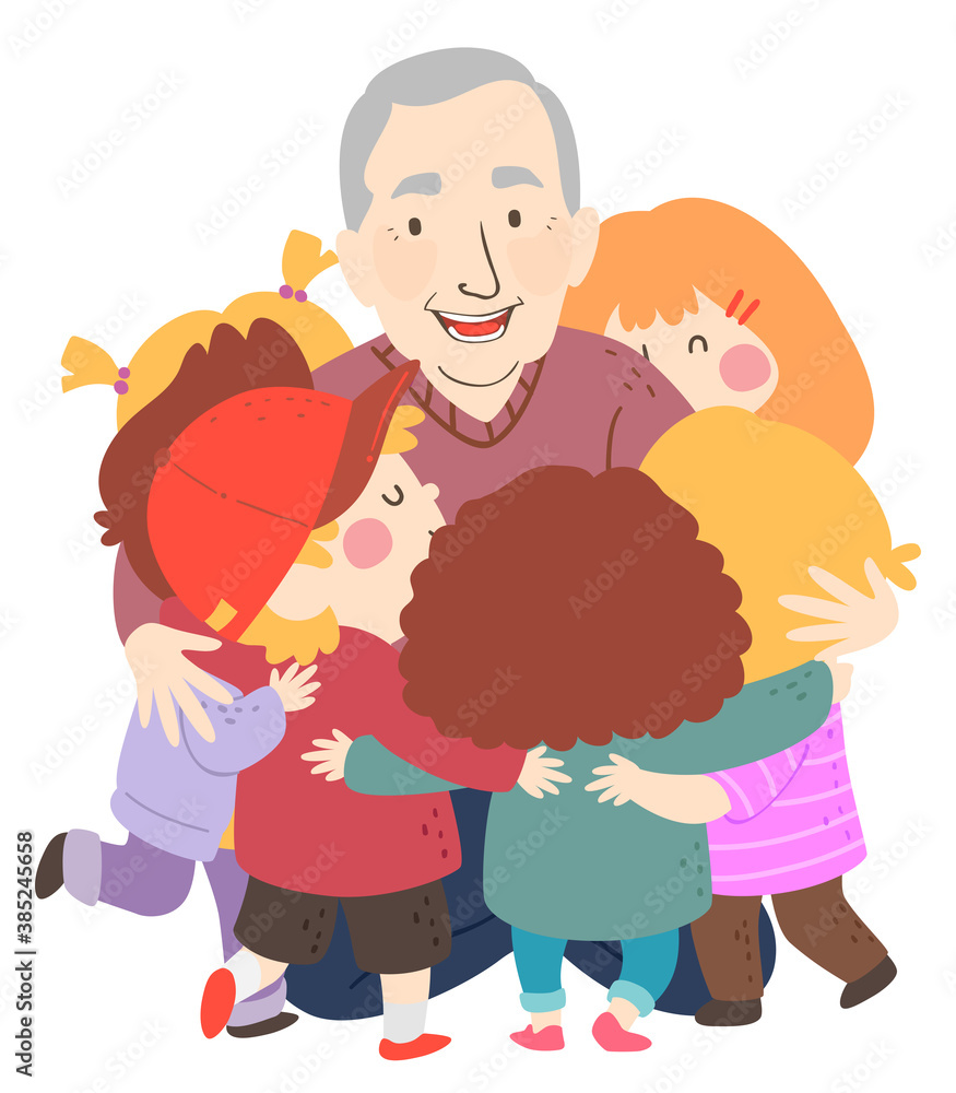 Sticker Kids Grandfather Hug Senior Man Illustration