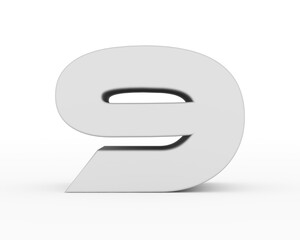 Number 9 - white gray futuristic 3d font standing isolated on white background