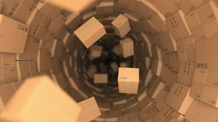 Tunnel made with cardboard boxes and many flying parcels, looping motion background. Forwarding concept