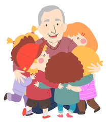 Kids Grandfather Hug Senior Man Illustration