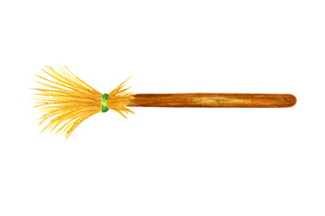 Witch Broomstick for sweeping autumn leaves on the street. Watercolor markers hand drawn illustration isolated on white background. Concept of halloween design party, natural wooden broom.