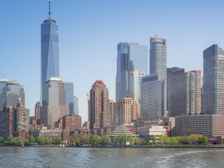 Fototapeta na wymiar Shot of the skyline of New York City from the Hudson river, with skyscrapers of the downtown district and Wall Street