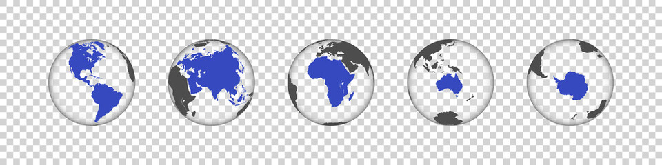 Earth Map. Continents of earth. Earth Globe. World Map in circle. Globes web icon. Transparent globe. Vector illustration