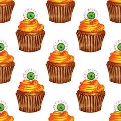 Seamless pattern with cupcake with orange cream and green eye on the top on white background. Watercolor markers hand drawn illustration in cartoon style. Halloween party celebrating, autumn.