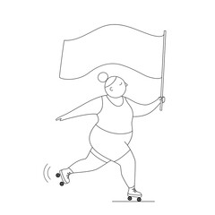 Vector illustration of a young girl on roller skates with a flag in her hand.Linear design isolated on a white background.