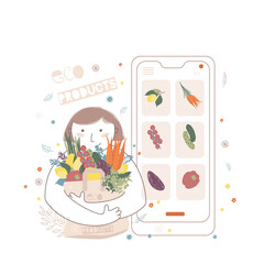 Cute girl with a craft paper eco bag with vegetables in her hands.The concept of ordering products from an online application.Vector illustration.