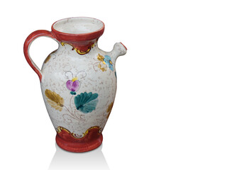 Side view, Di cut antique ceramic jar on white background, vintage, object, copy space