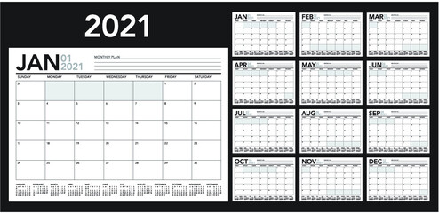 Year 2021 desk calendar vector illustration, simple and clean design. 
