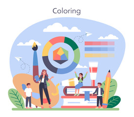 Art school education. Student holding a brush and paints. Artist