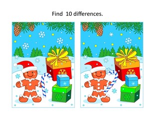 Winter holidays, Christmas or New Year themed find 10 differences visual puzzle with gingerbread man, gift boxes and outdoor night scene

