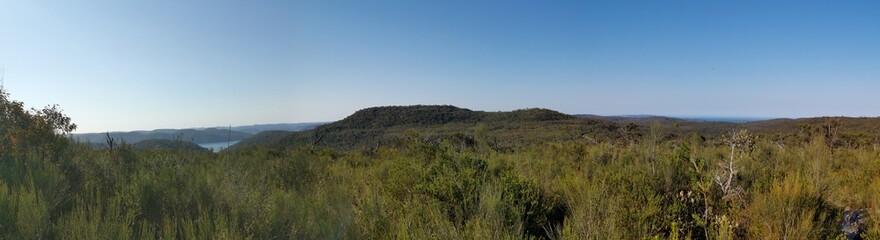 Beautiful afternoon panoramic view of mountain ranges, trees and deep blue sky from a trail, Willunga Trig Point Trail, Ku-ring-gai Chase National Park, Sydney, New South Wales, Australia
