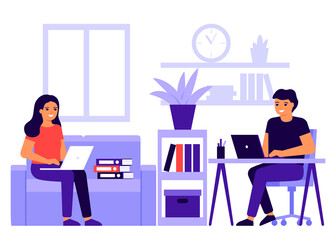 Remote work at home. Happy man and woman sit at desk with laptop and work, study together. Young couple is busy with business. Vector flat illustration