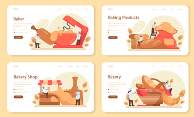 Baker web banner or landing page set. Chef in the uniform baking