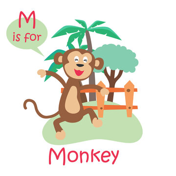 Illustrated alphabet letter M and monkey. Vector illustration. ABC book. Cute zoo alphabet with funny animals. Letters. Learn to read. Isolated. For kids. Alphabet.