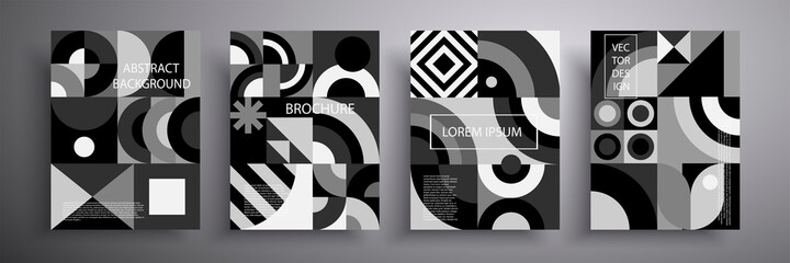 Set of retro graphic design covers. Abstract geometric pattern background. Black and white Swiss-style compositions for book covers, posters, flyers, magazines, business annual reports, music albums.