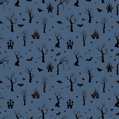 Halloween seamless pattern. Castles, trees, bats, stars. Black silhouettes on  
blue background.