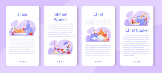 Obraz premium Cook or culinary specialist mobile application banner set. Chef in apron