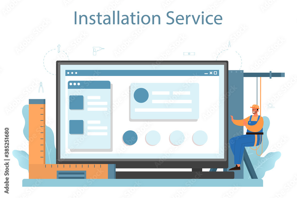 Poster installer online service or platform. worker in uniform installing constructions