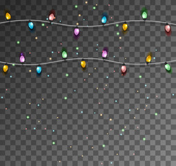 Garlands with colored bulbs. Xmas holidays. Christmas greeting card design element. Garlands decorations. Led neon lamp