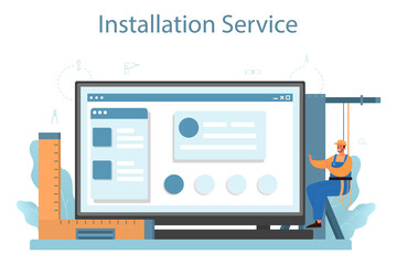 Installer online service or platform. Worker in uniform installing constructions