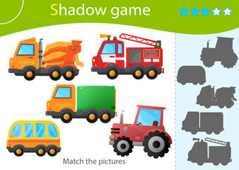 Obraz na płótnie Canvas Shadow Game for kids. Match the right shadow. Color images cartoon cars. Truck and tractor. Fire truck and concrete mixer. Bus. Transport or vehicle. Worksheet vector design for children