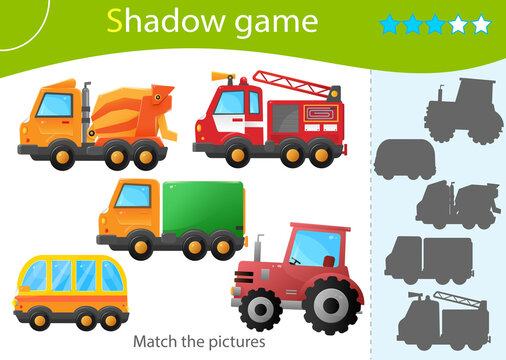 Shadow Game for kids. Match the right shadow. Color images cartoon cars. Truck and tractor. Fire truck and concrete mixer. Bus. Transport or vehicle. Worksheet vector design for children