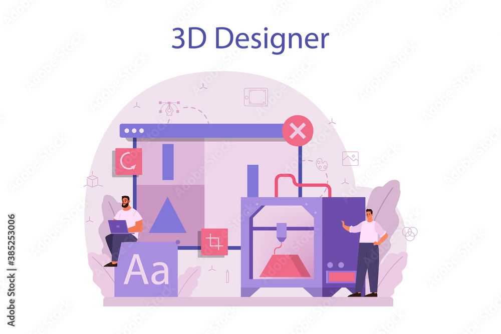 Poster designer 3d modeling concept. digital drawing with electronic tools