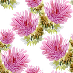 seamless floral pattern with pink watercolor aster on white background