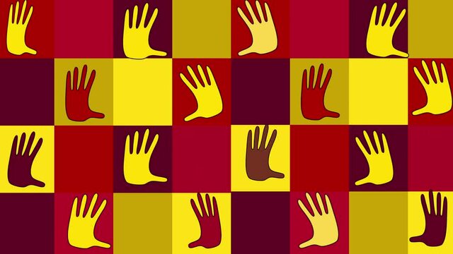 Funny colourful backgrounds. waving hands, palms, handprints on the coloured squared backdrop. Welcome, goodbye, greeting, salut concept. 