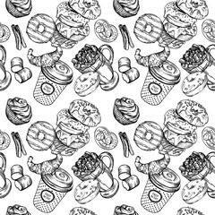 Raster seamless prints. Coffee and baking prints. Patterns for coffee shops and pastry shops. Coffee, pastries, muffins, croissants, doughnuts. Black and white illustration of food and drinks line.