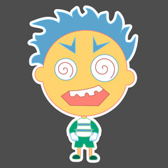 emoji with scary insane man, crazy eyes and crooked teeth, funny cartoon character with simplistic facial expression, simple emoticon, vector illustration