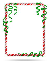 Blank Christmas border, candy cane frame with green serpentine, ribbon. Isolated on white background. Holiday design, decor. Vector illustration