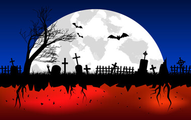 Old scary cemetery with gravestones and crosses. Special for Halloween