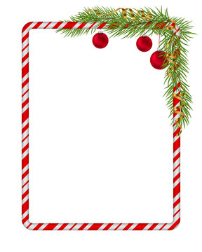 Blank Christmas border, candy cane frame with branch of christmas tree, fir, red balls, gold serpentine, ribbon. Isolated on white background. Holiday design, decor. Vector illustration.