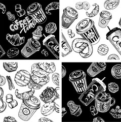 Raster seamless prints. Coffee and baking prints. Patterns for coffee shops and pastry shops. Coffee, pastries, muffins, croissants, doughnuts. Black and white illustration of food and drinks line.