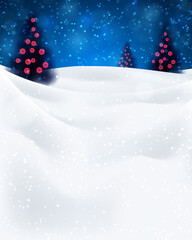 Naklejka na ściany i meble Christmas night background with fir trees and snow, red lights, dark blue sky. Vector illustration. Merry Christmas poster. Holiday design, decor. Vector illustration.