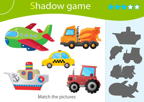Shadow Game for kids. Match the right shadow. Color images of transportation or vehicle. Taxi, tractor, cars, concrete mixer, ship and plane. Worksheet vector design for children