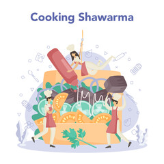 Shawarma street food concept. Chef cooking delicious roll