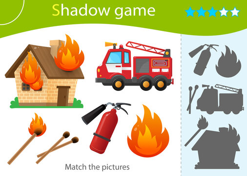 Shadow Game for kids. Match the right shadow. Color image of fire truck, extinguisher, burning house and flame. Worksheet vector design for children